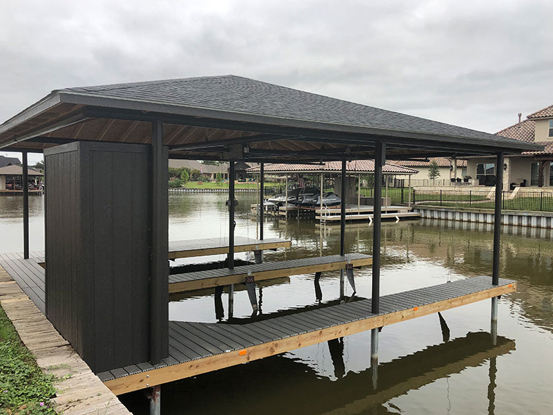 close up of finished boat dock with a little room in it granbury tx